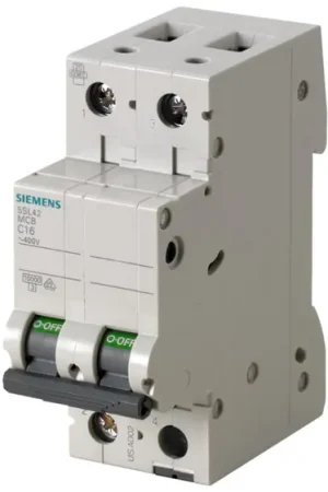 Interruptor automático 2P, 2A, Curva Tipo C, Poder de corte 10 kA 5SL4202-7, SENTRON, Montaje en Carril DIN Moderno