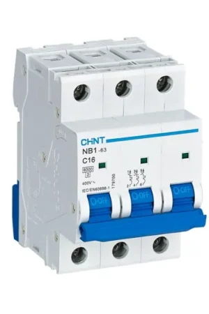 Interruptor automático 3P, 16A, Curva Tipo C, Poder de corte 6 kA NB1-3-16C, Montaje en Carril DIN Novedad