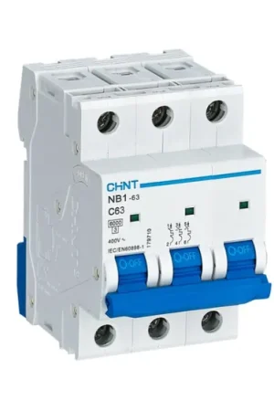 Garantía Incluida Interruptor automático 3P, 63A, Curva Tipo C, Poder de corte 6 kA NB1-3-63C, Montaje en Carril DIN