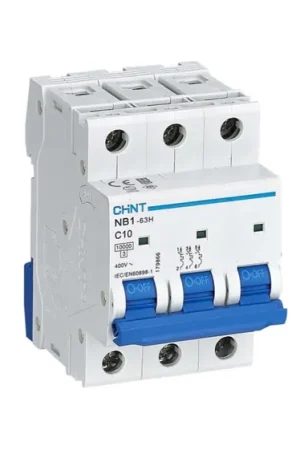 Interruptor automático 3P, 10A, Curva Tipo C, Poder de corte 10 kA NB1-3-10C10, Montaje en Carril DIN Exclusivo