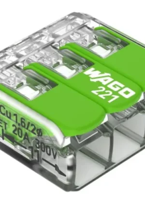 Auténtico Borne de conexión de palanca WAGO 221 de 3 vías, para cable de 0,14 mm²→, de color Verde
